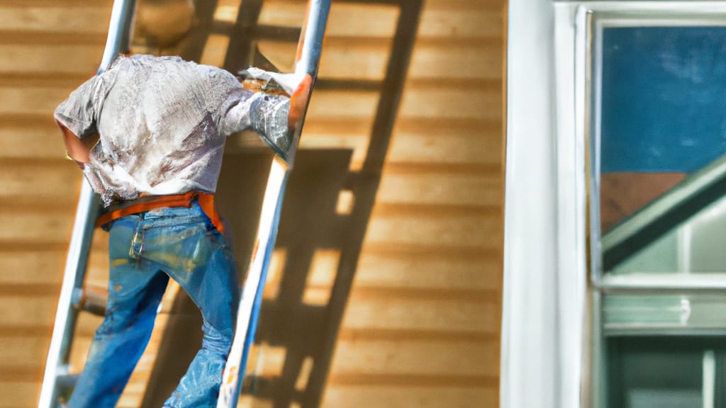 Man climbing ladder on Chippewa Falls, Wisconsin home to replace roof