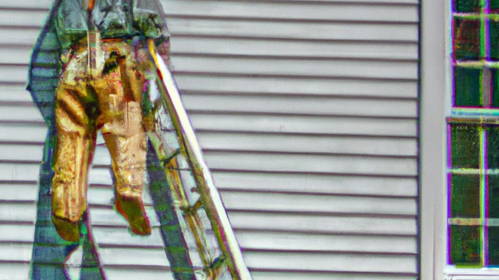 Man climbing ladder on Claremont, New Hampshire home to replace roof