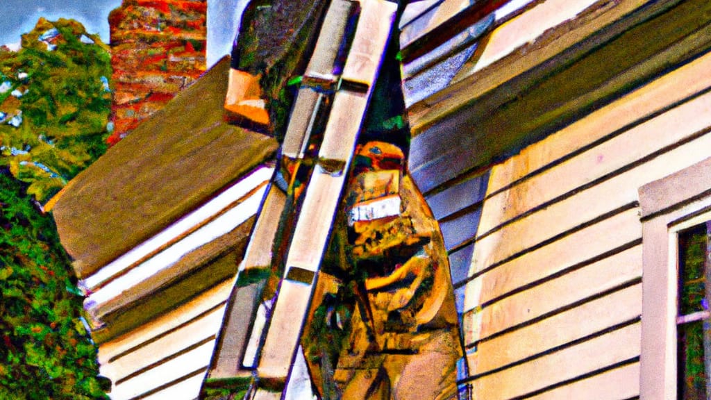 Man climbing ladder on Clayton, New Jersey home to replace roof