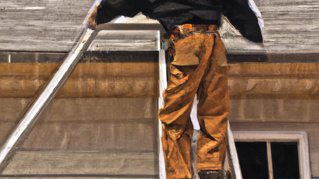 Man climbing ladder on Clearlake, California home to replace roof