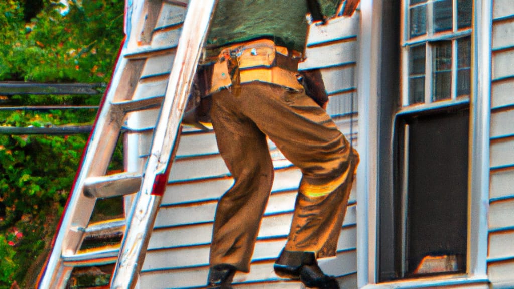 Man climbing ladder on Colchester, Connecticut home to replace roof