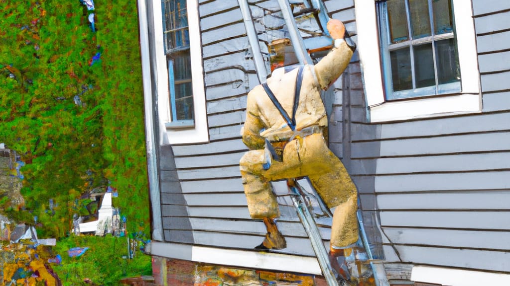 Man climbing ladder on Concord, New Hampshire home to replace roof