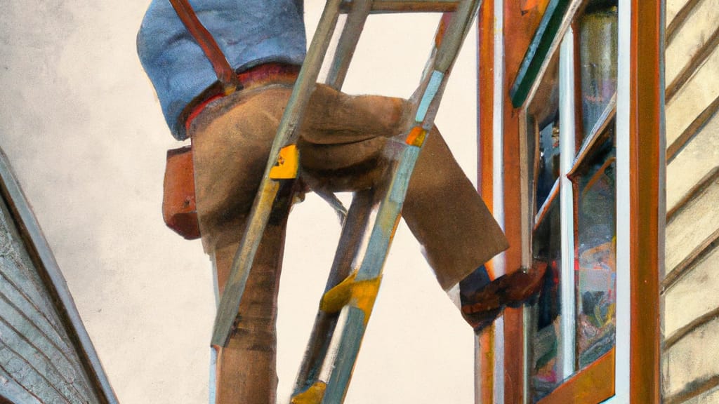 Man climbing ladder on Coos Bay, Oregon home to replace roof