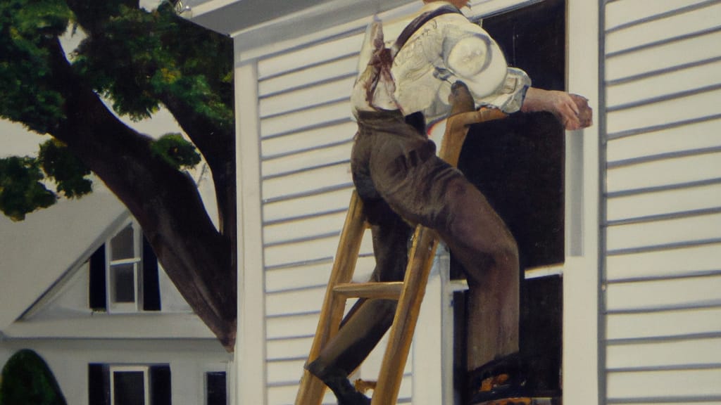 Man climbing ladder on Coram, New York home to replace roof