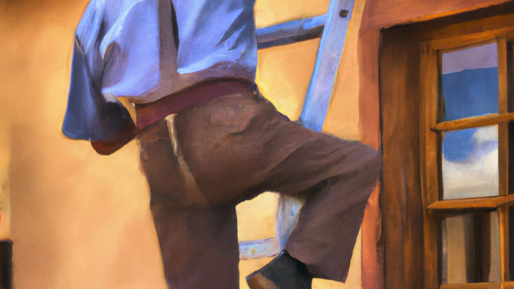 Man climbing ladder on Corrales, New Mexico home to replace roof