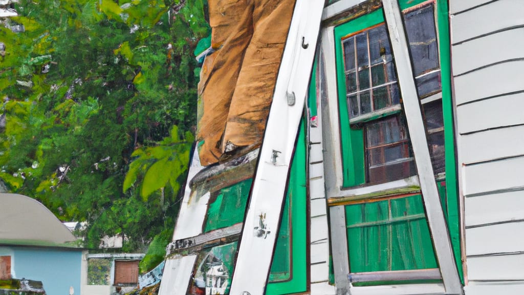 Man climbing ladder on Crete, Illinois home to replace roof