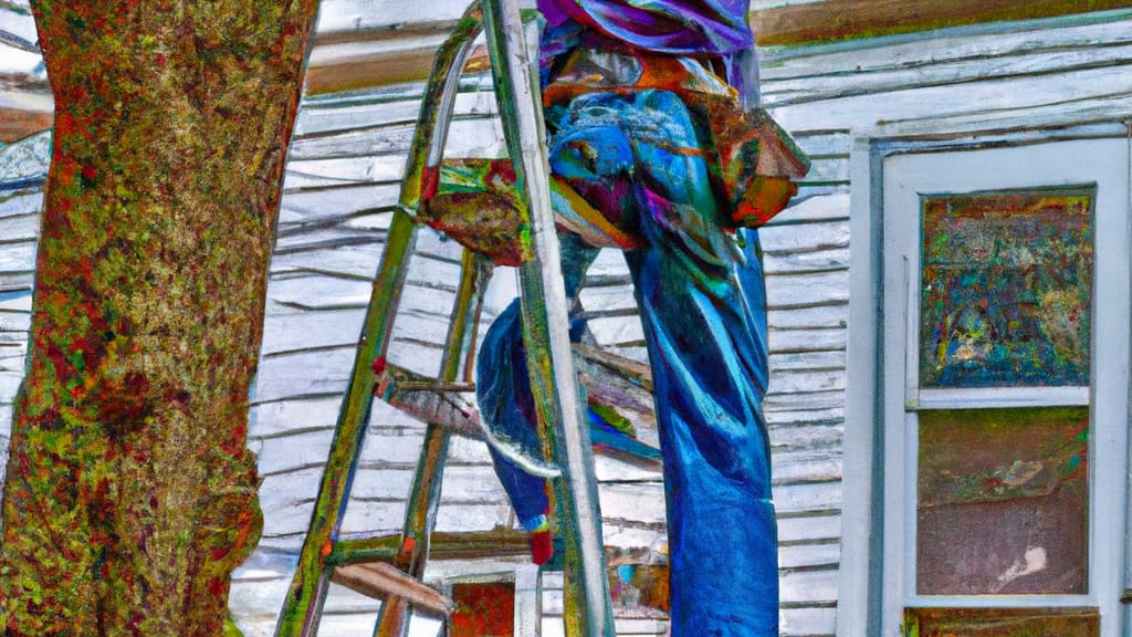 Man climbing ladder on Denville, New Jersey home to replace roof