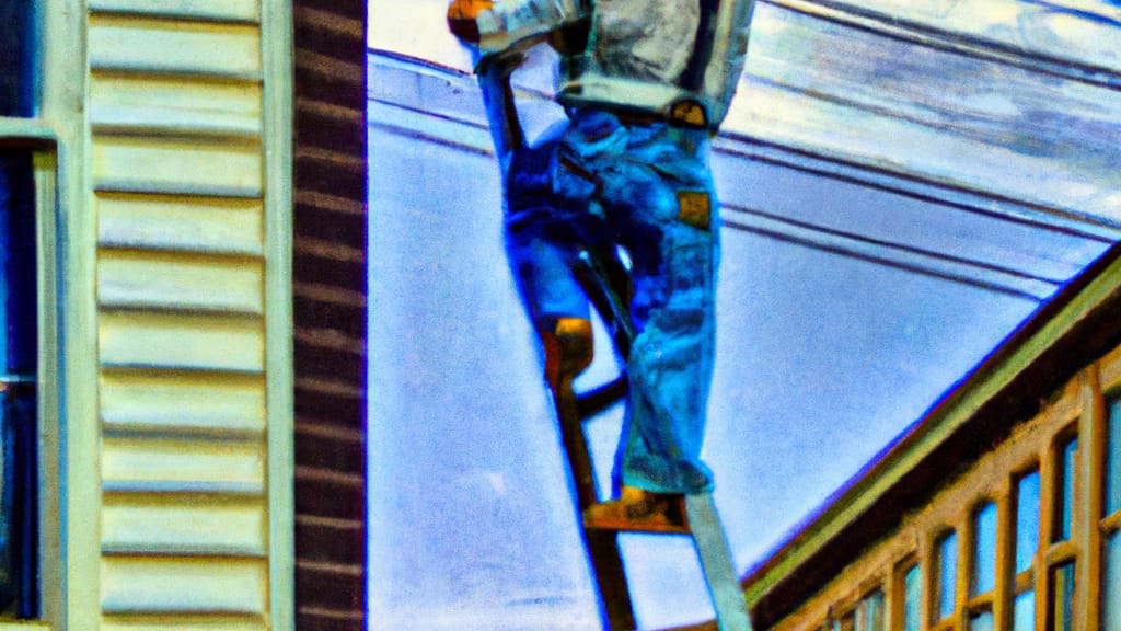 Man climbing ladder on Dodge City, Kansas home to replace roof