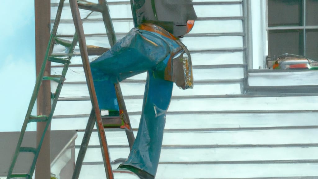 Man climbing ladder on East Rockaway, New York home to replace roof