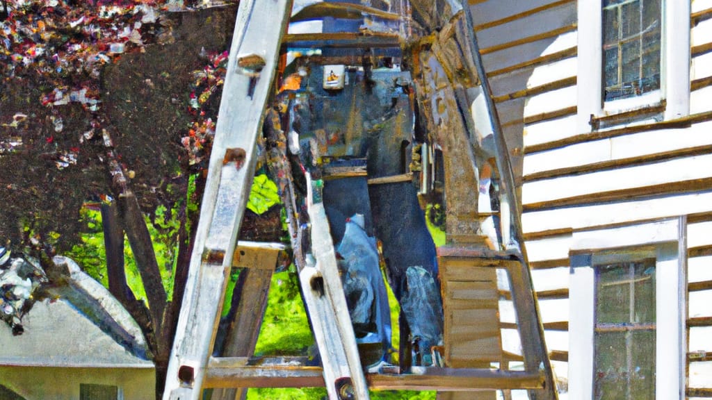 Man climbing ladder on Easton, Connecticut home to replace roof