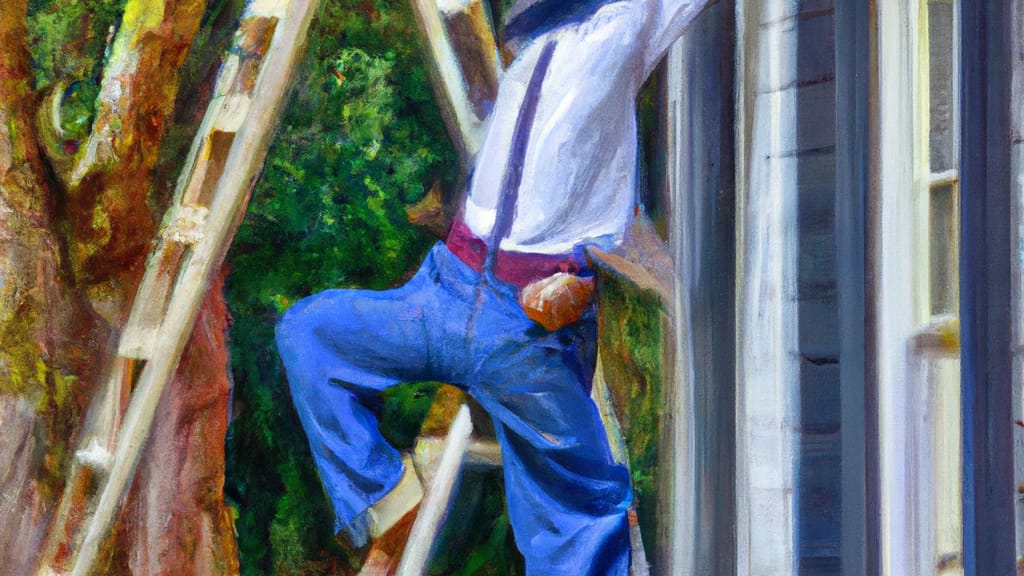 Man climbing ladder on Eatonton, Georgia home to replace roof
