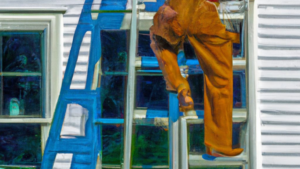 Man climbing ladder on Eau Claire, Wisconsin home to replace roof