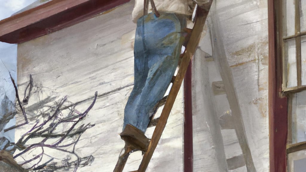 Man climbing ladder on Elkins, West Virginia home to replace roof