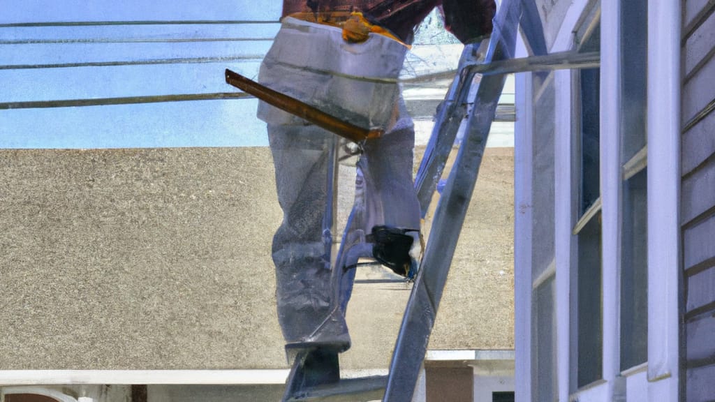 Man climbing ladder on Emeryville, California home to replace roof