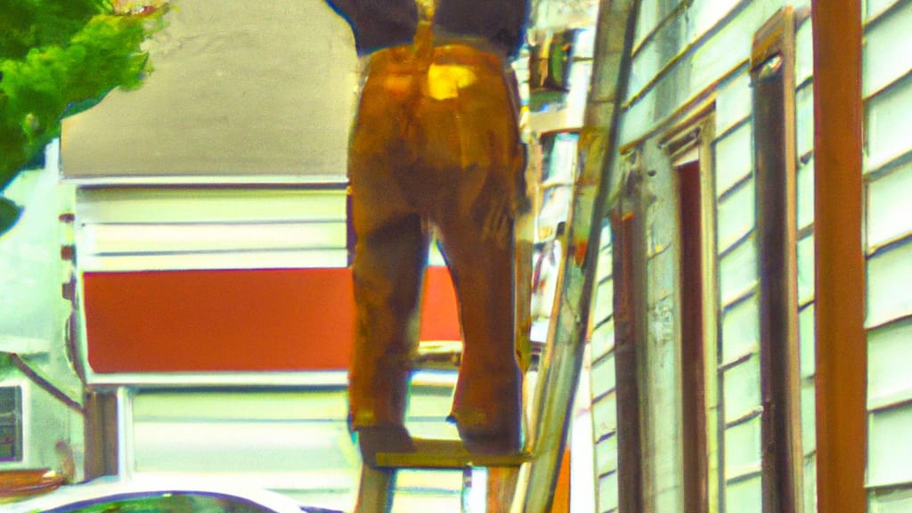 Man climbing ladder on Endicott, New York home to replace roof