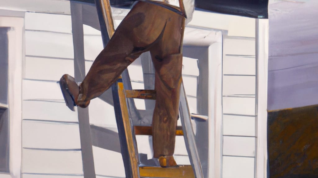 Man climbing ladder on Escalon, California home to replace roof