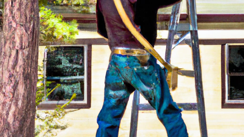 Man climbing ladder on Estes Park, Colorado home to replace roof