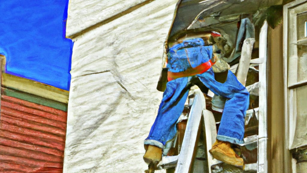 Man climbing ladder on Evanston, Illinois home to replace roof