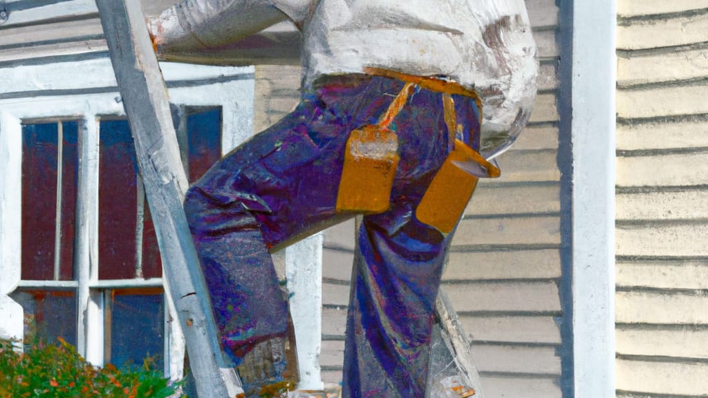 Man climbing ladder on Fairhaven, Massachusetts home to replace roof