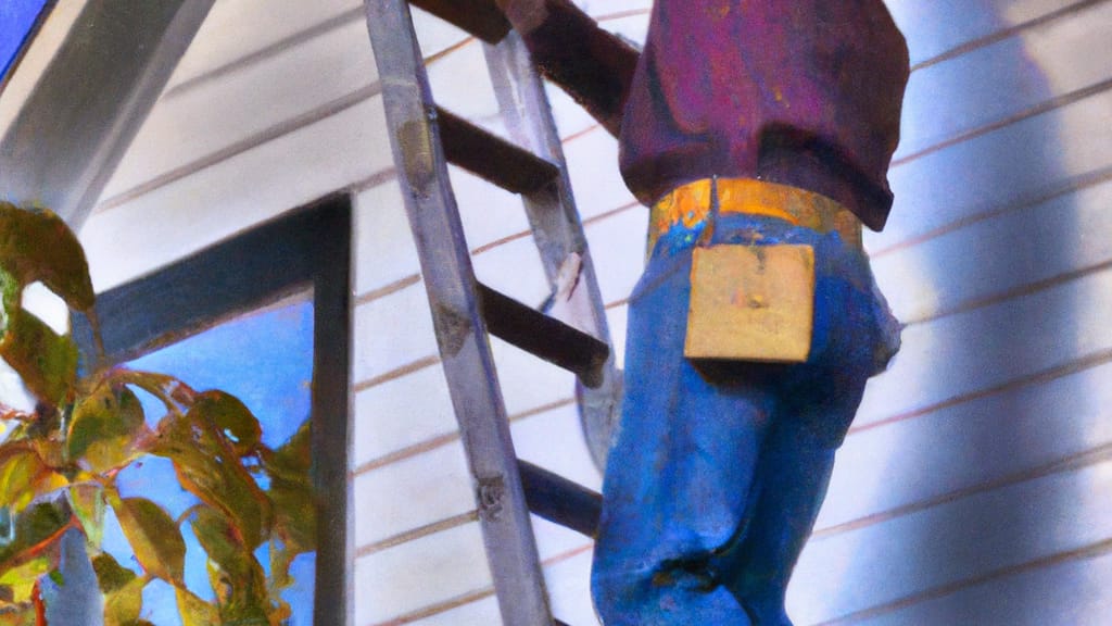 Man climbing ladder on Fairport, New York home to replace roof