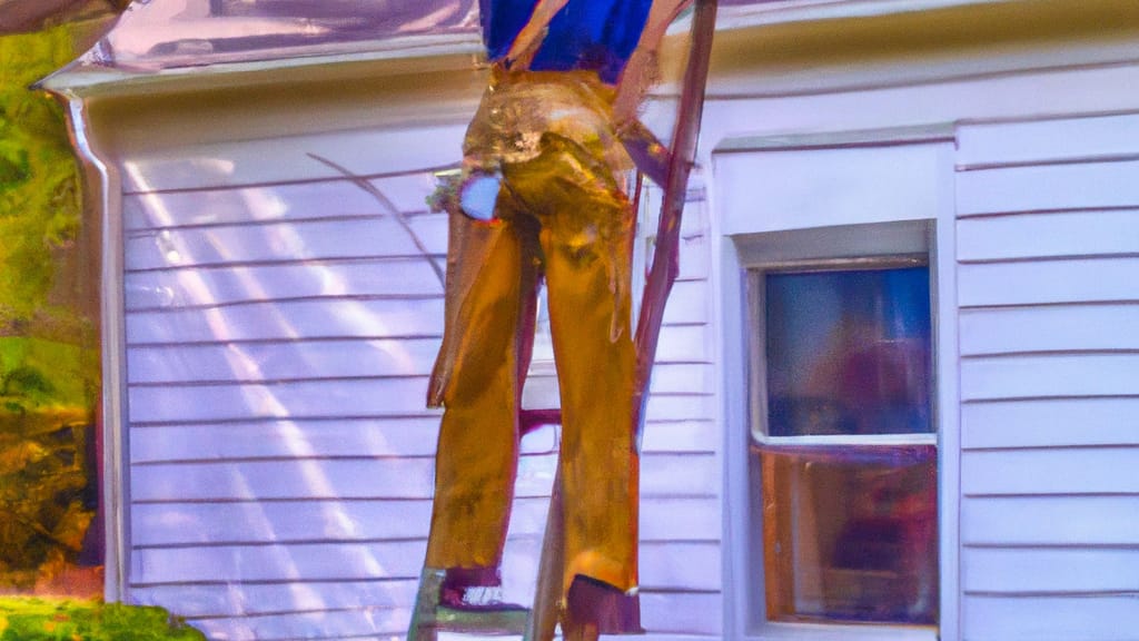 Man climbing ladder on Falls Church, Virginia home to replace roof