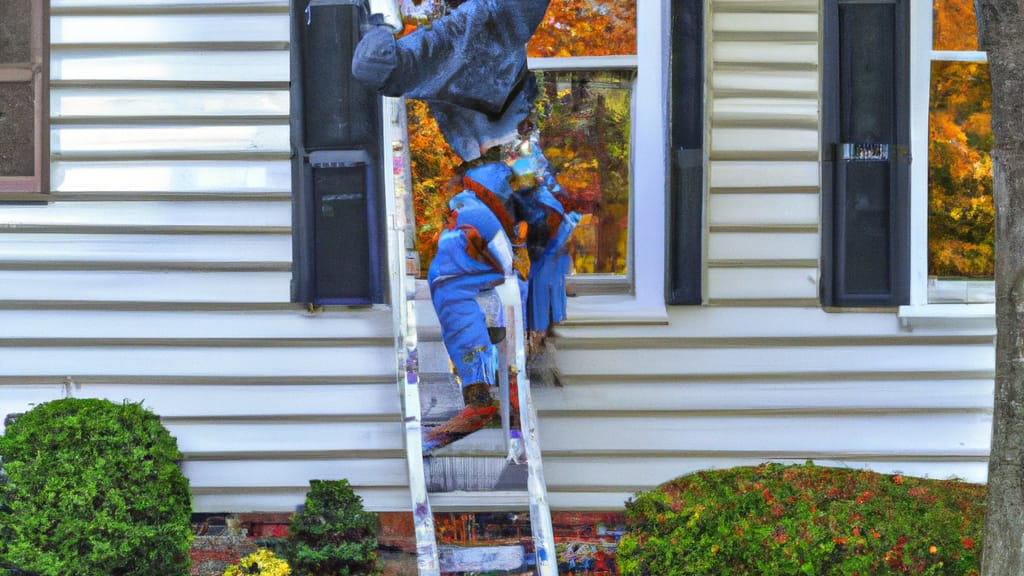 Man climbing ladder on Fanwood, New Jersey home to replace roof