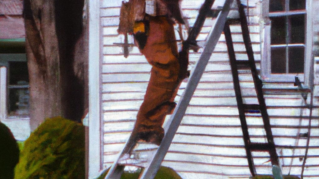 Man climbing ladder on Farmingdale, New York home to replace roof