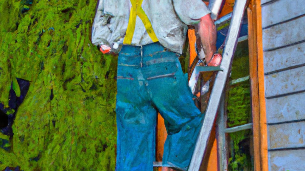 Man climbing ladder on Forest Grove, Oregon home to replace roof
