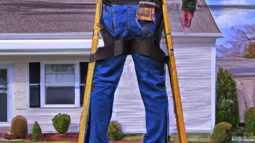 Man climbing ladder on Forked River, New Jersey home to replace roof