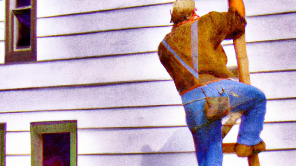 Man climbing ladder on Fort Atkinson, Wisconsin home to replace roof