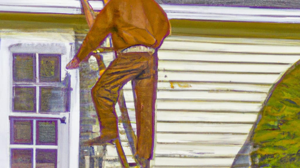 Man climbing ladder on Fort Dix, New Jersey home to replace roof