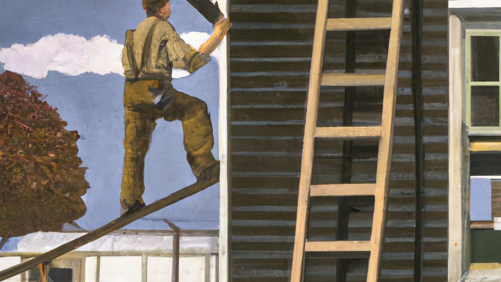 Man climbing ladder on Fort Knox, Kentucky home to replace roof