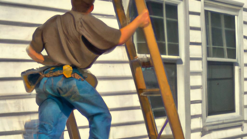 Man climbing ladder on Fort Lee, New Jersey home to replace roof