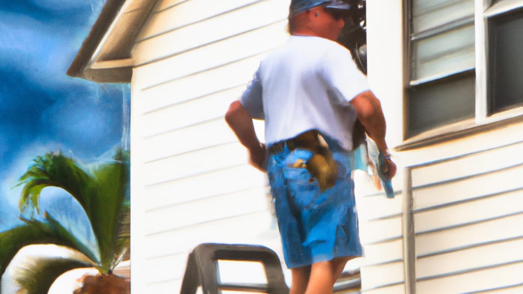 Man climbing ladder on Fort Pierce, Florida home to replace roof