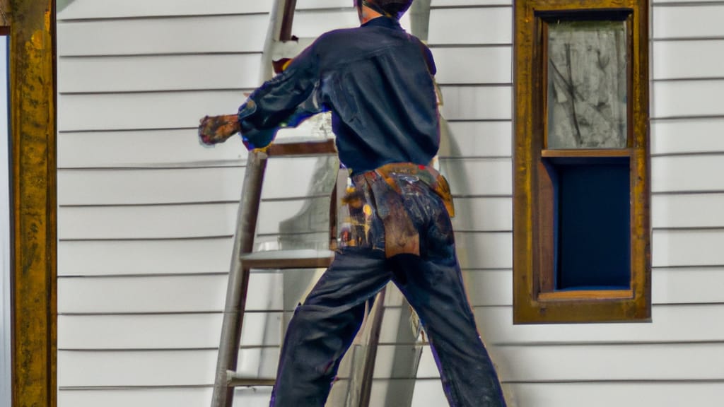 Man climbing ladder on Fox Lake, Illinois home to replace roof