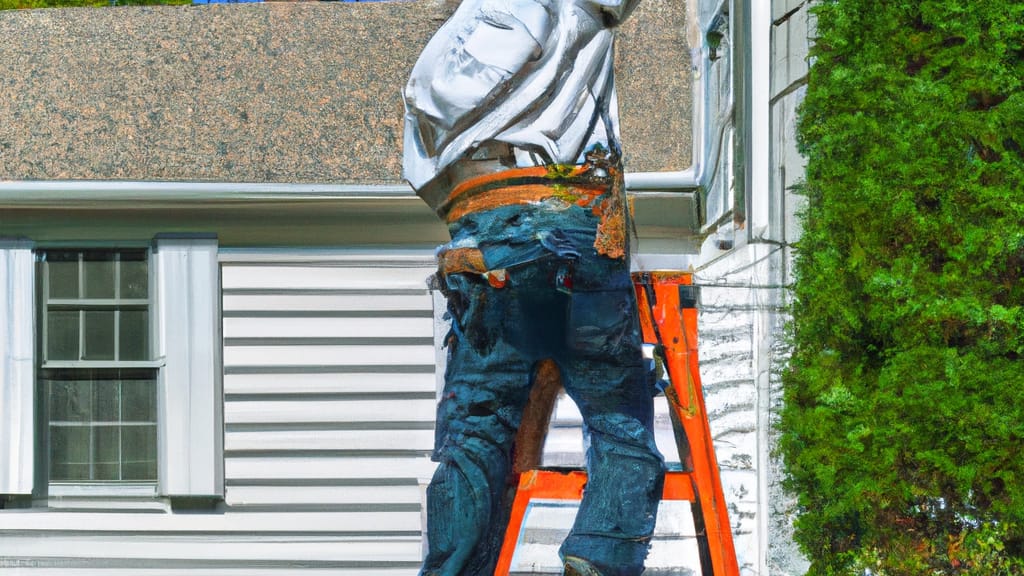 Man climbing ladder on Franklin Lakes, New Jersey home to replace roof