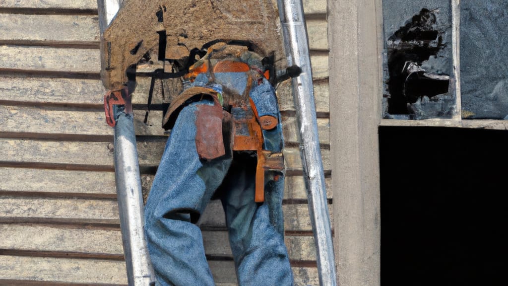 Man climbing ladder on Franklin, Wisconsin home to replace roof