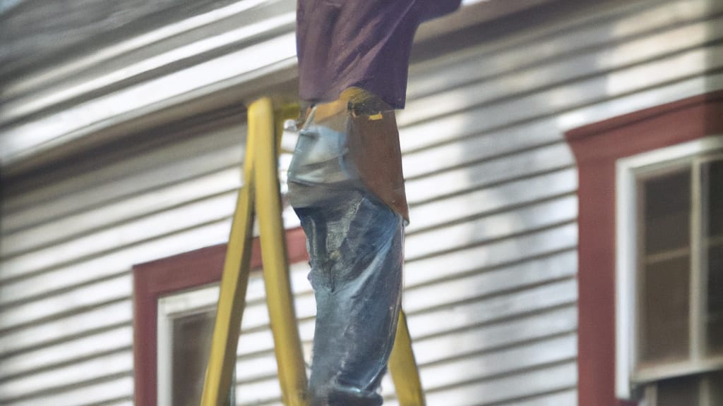 Man climbing ladder on Fulton, New York home to replace roof