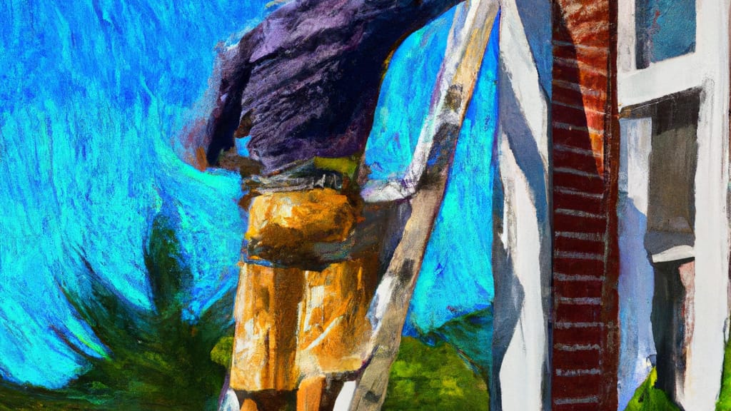 Man climbing ladder on Garden City, New York home to replace roof
