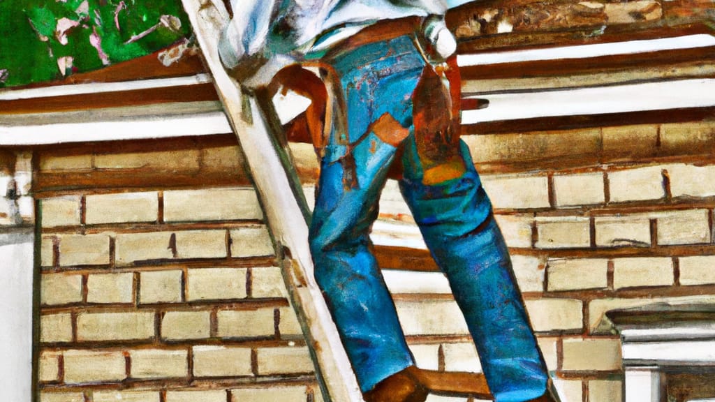 Man climbing ladder on Georgetown, Illinois home to replace roof