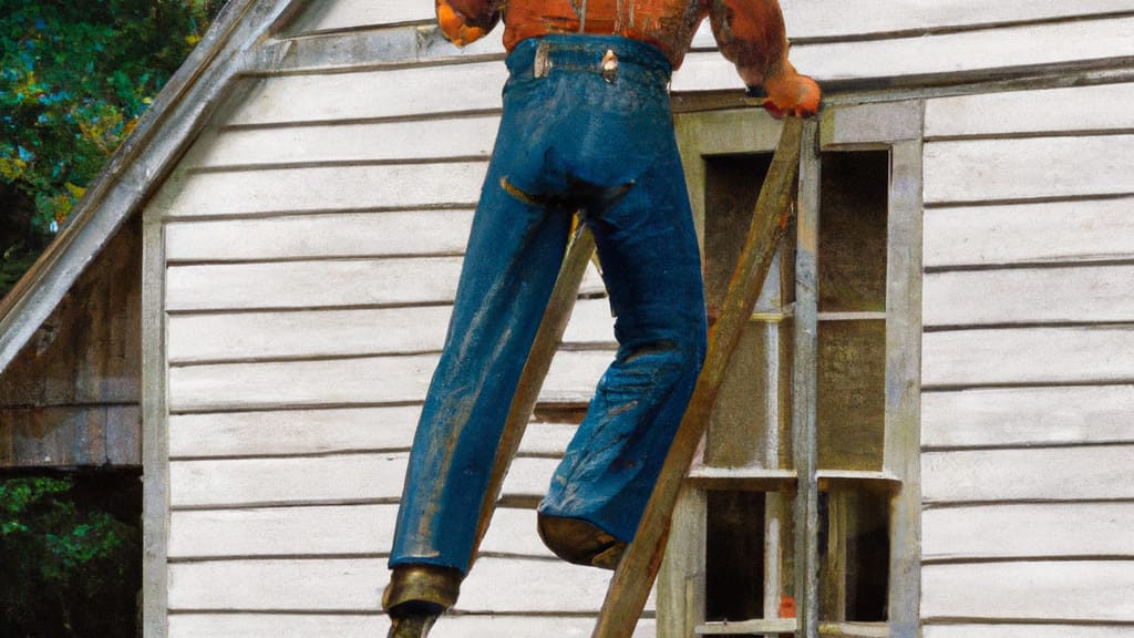 Man climbing ladder on Gladewater, Texas home to replace roof