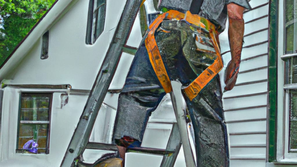 Man climbing ladder on Glen Rock, New Jersey home to replace roof