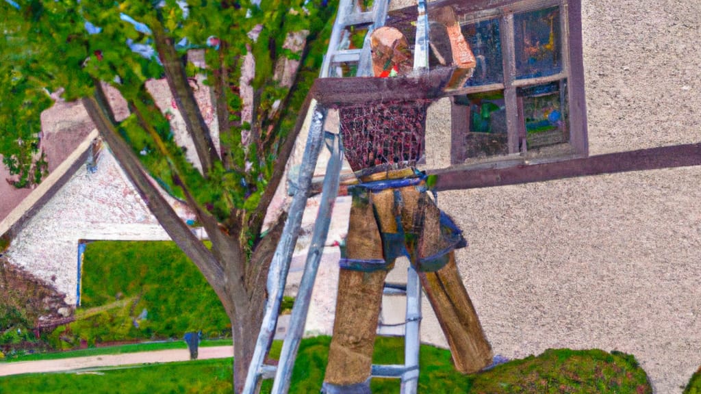 Man climbing ladder on Glenview, Illinois home to replace roof