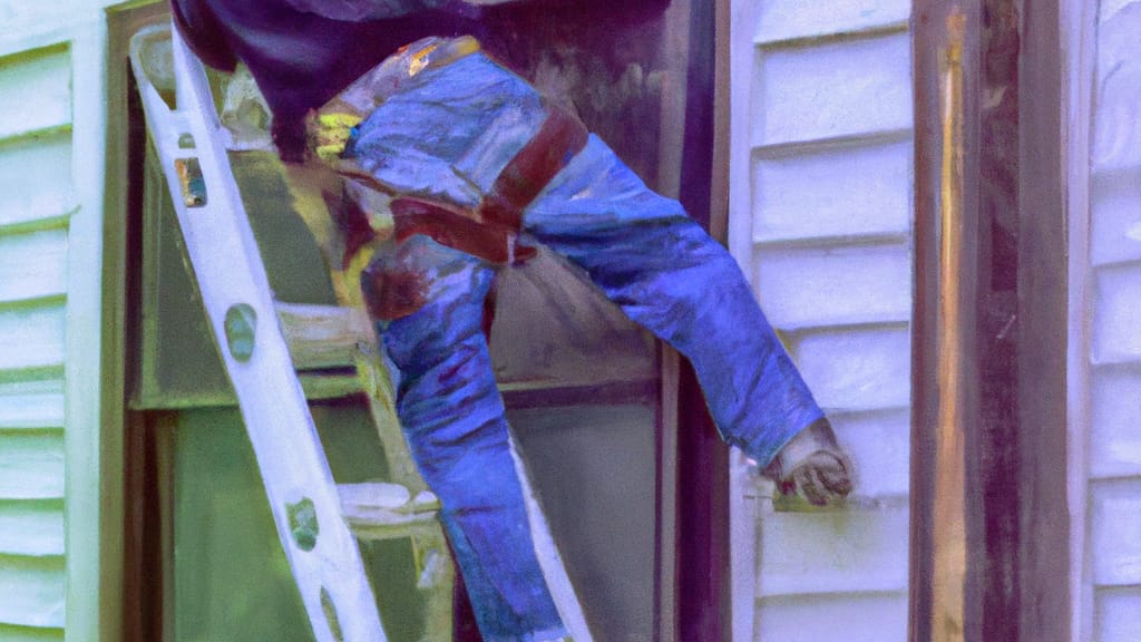 Man climbing ladder on Glenwood, Illinois home to replace roof