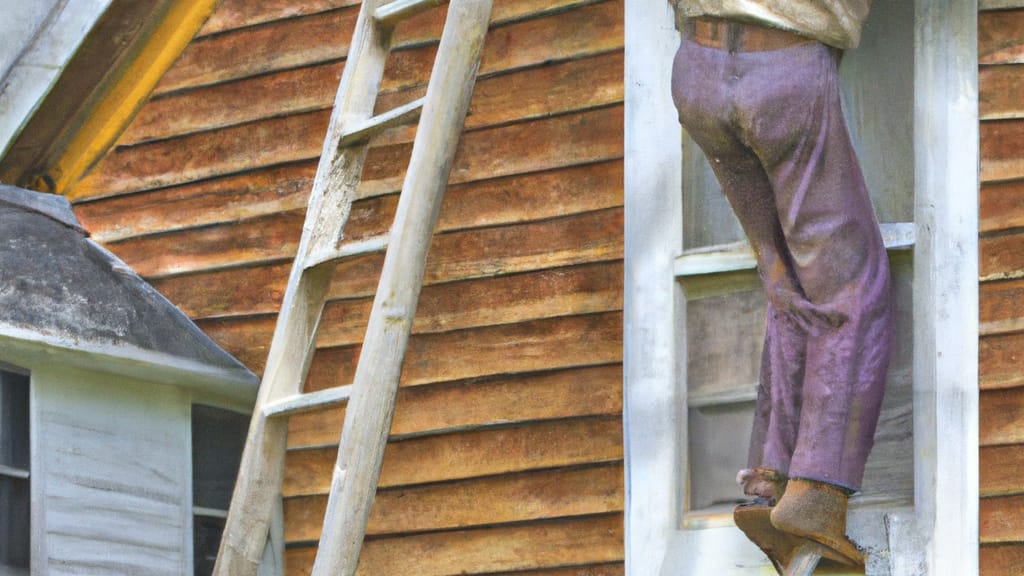 Man climbing ladder on Gloversville, New York home to replace roof