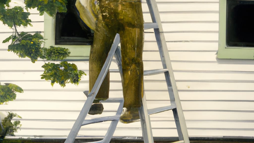 Man climbing ladder on Greenlawn, New York home to replace roof