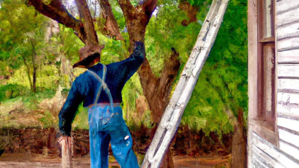 Man climbing ladder on Grove, Oklahoma home to replace roof