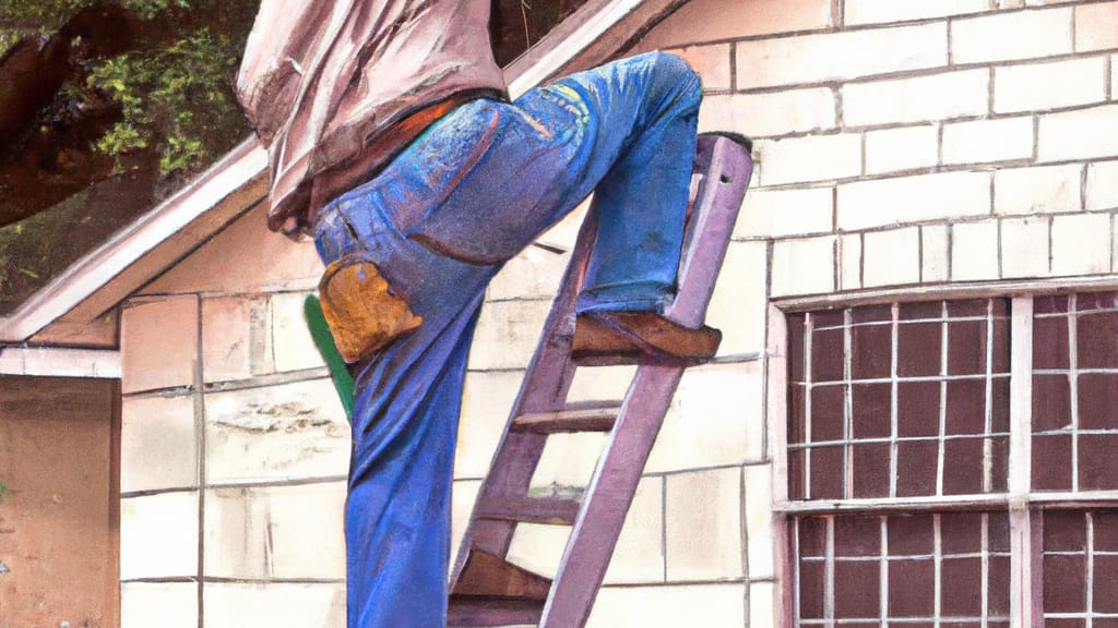 Man climbing ladder on Haltom City, Texas home to replace roof