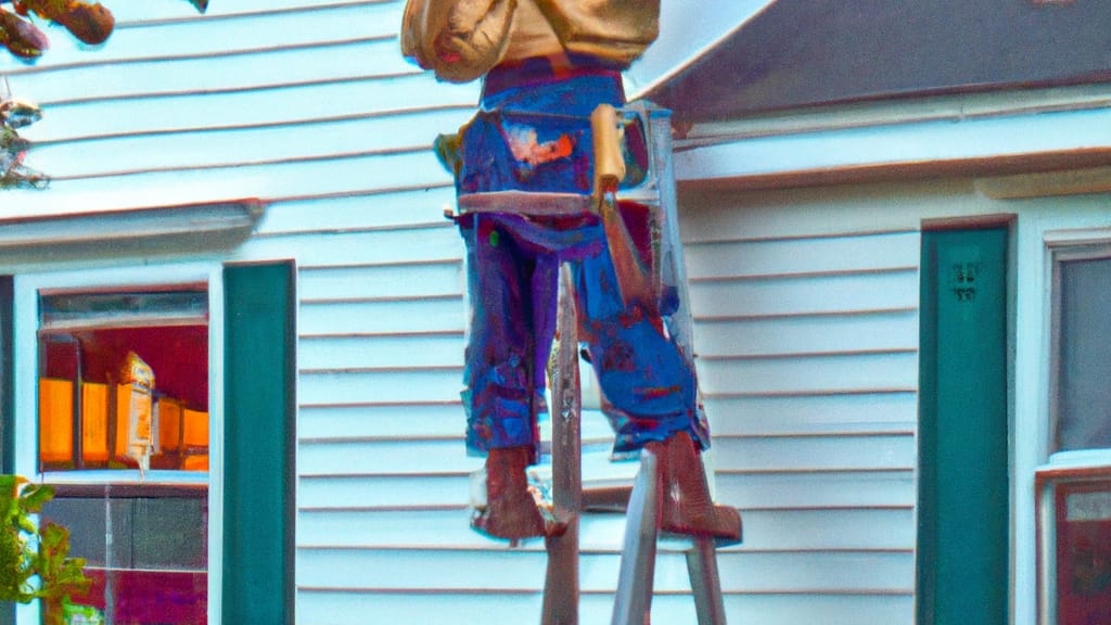 Man climbing ladder on Hampton Bays, New York home to replace roof