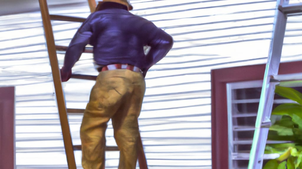 Man climbing ladder on Hanford, California home to replace roof